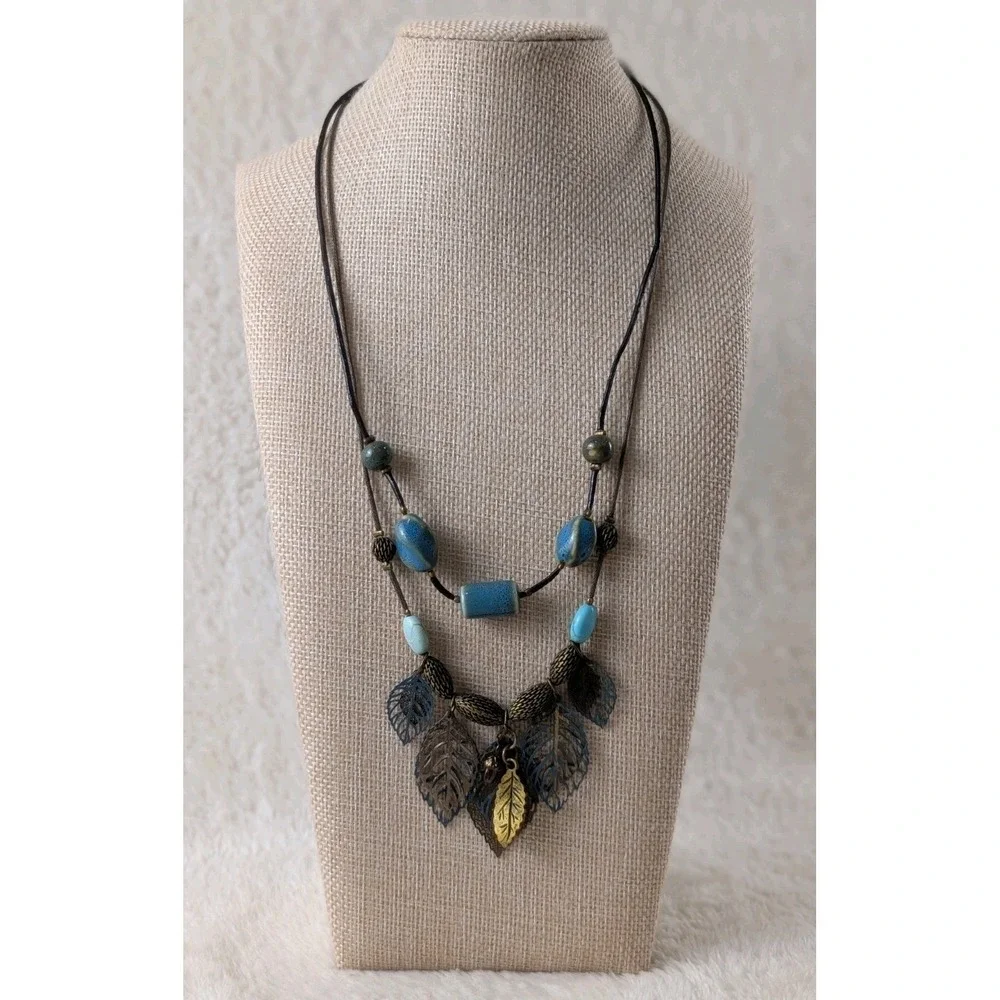 Boho Leaf Statement Necklace Faux Turquoise Ceramic‎ Beads Cord Necklace
